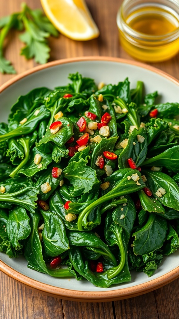 A bowl of sautéed kale with garlic, garnished with red pepper flakes, on a rustic wooden table.